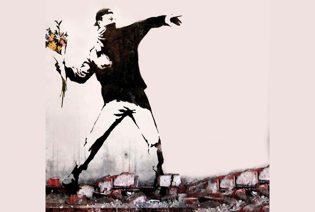 Una rielaborazione dell’opera "Lanciatore di fiori" di Banksy realizzata da Chiara Bosna.
